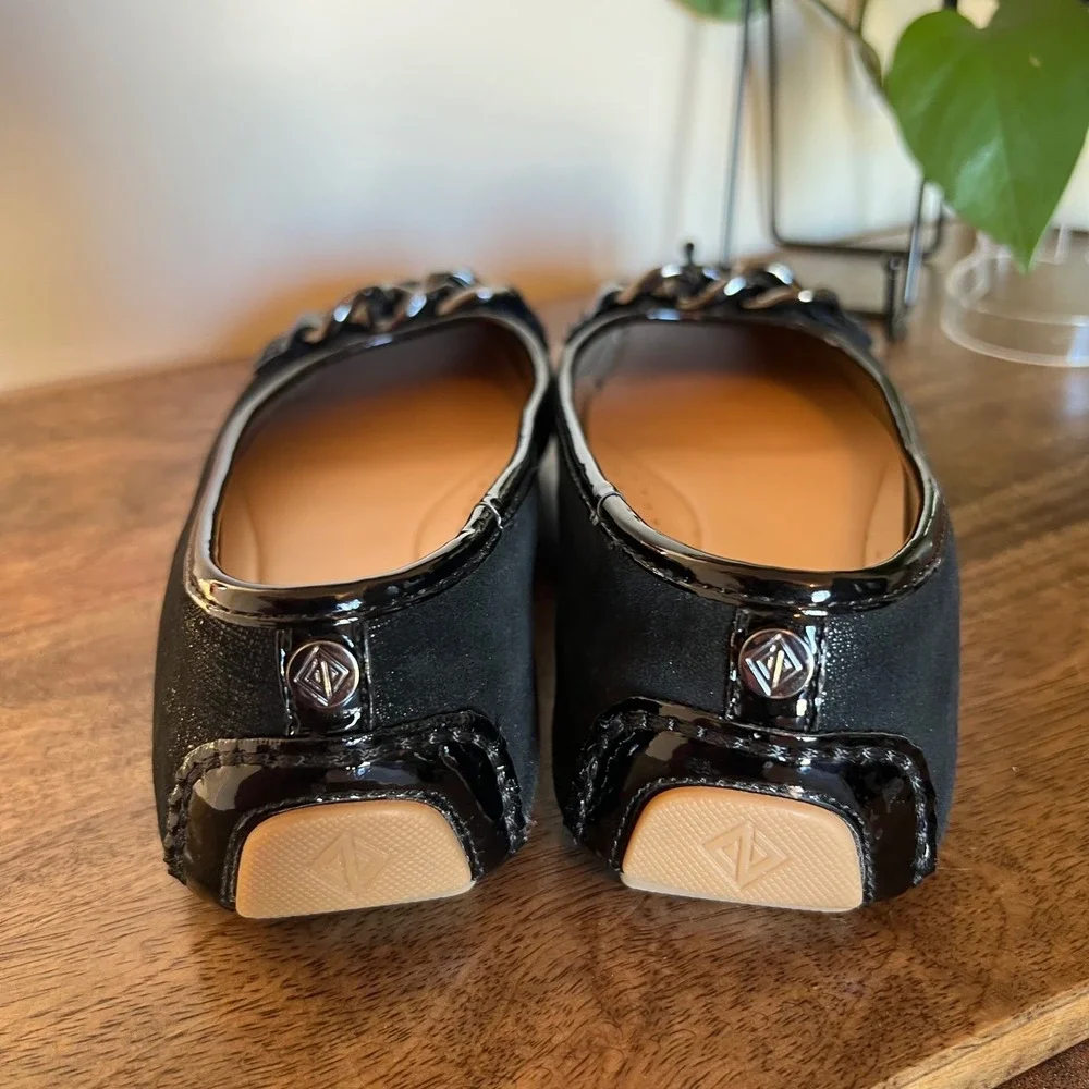 Donald Pliner Black Shimmer Chain Link Ballet Flats Women 8.5 Patent Trim Loafer